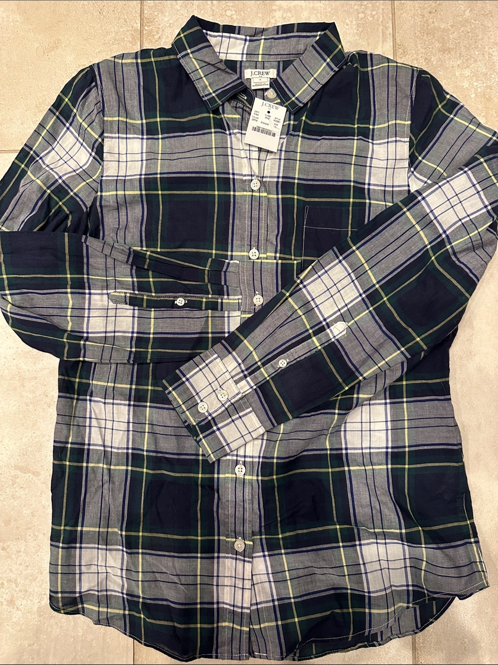 J. Crew women’s Navy, Green & White Plaid Button-Down Shirt